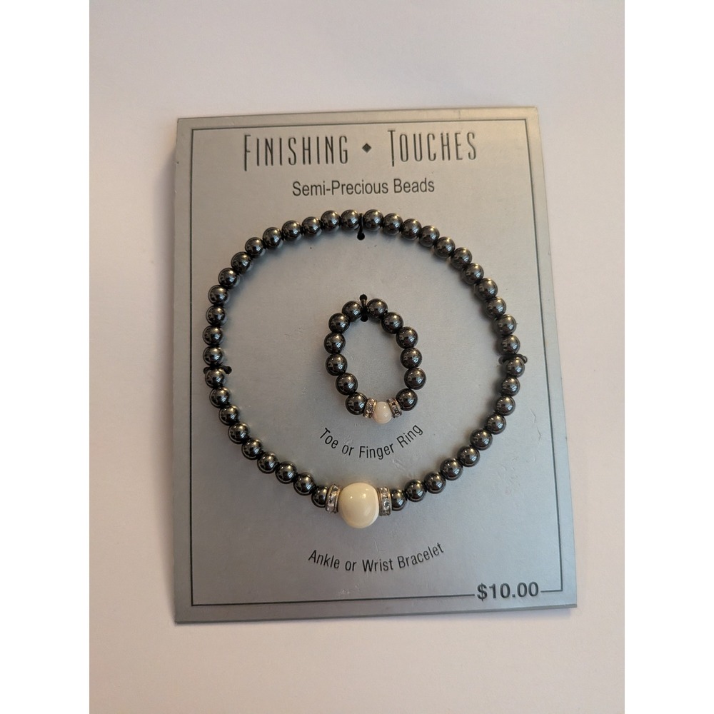 Finishing Touches Semi-Precious Bead Bracelet and Ring Hematite Cream Rhinestone